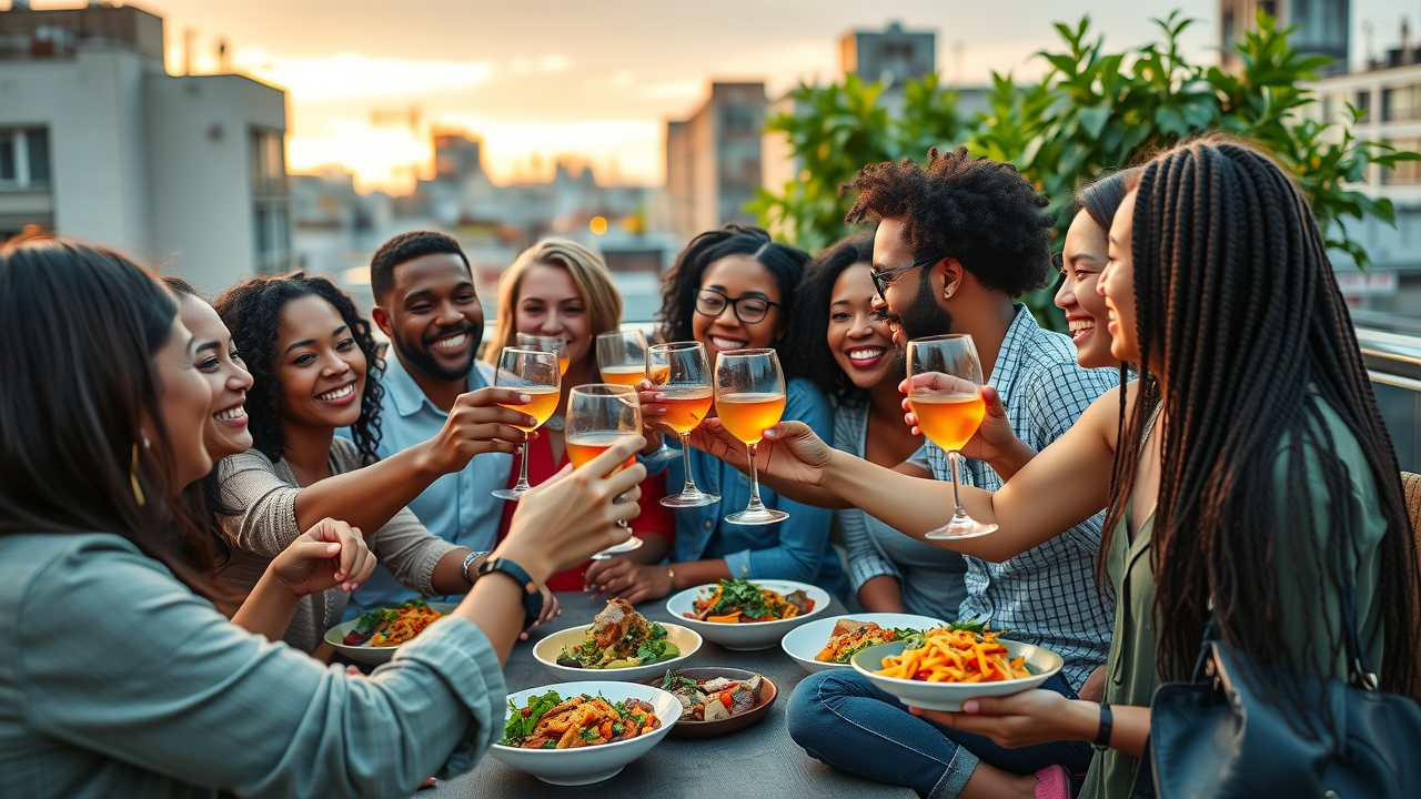 vibrant multicultural group enjoying plant-based vegan food together on an urban rooftop