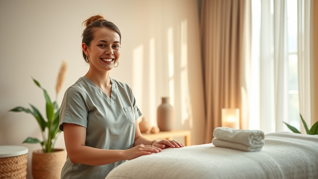 Bright massage therapy studio interior with massage therapist welcoming a client, showcasing a welcoming environment and focus on how to get more massage clients.