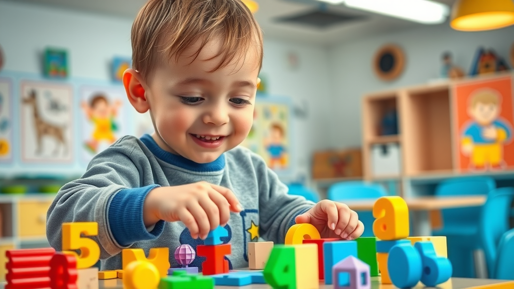 Enthusiastic child learning with puzzles in a modern play therapy session, highlighting educational impact
