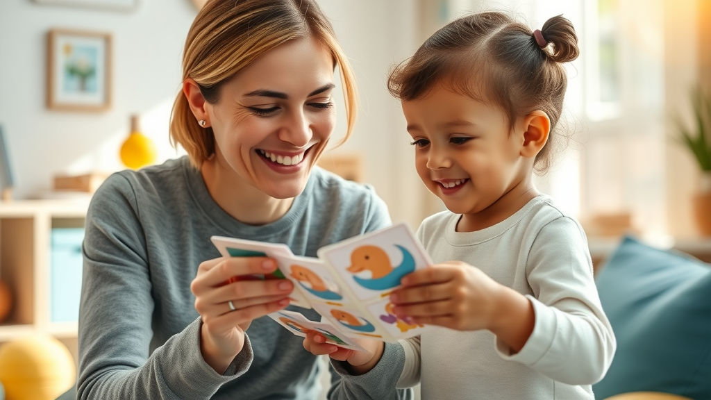 aba therapy inspiring therapy session, therapist and young child using flashcards, bright room, educational toys, natural interaction