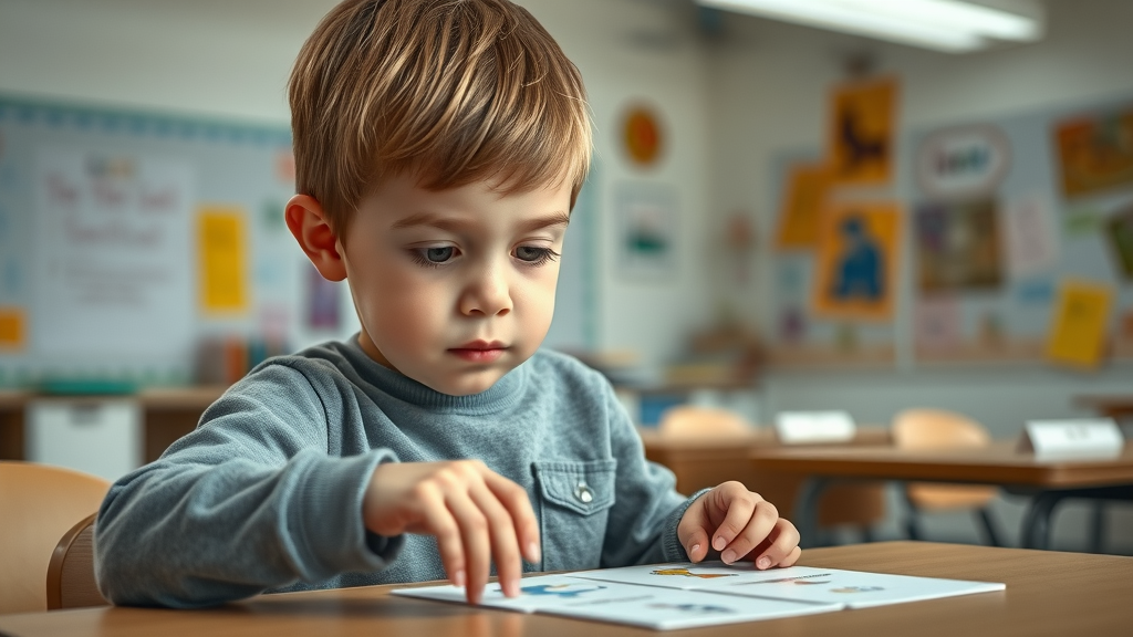 Child with autism explores structured activity cards at a sensory-friendly classroom desk
