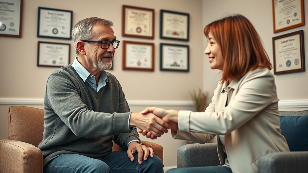Patient and grief counselor hand shake, mutual respect, how can someone find grief counselling