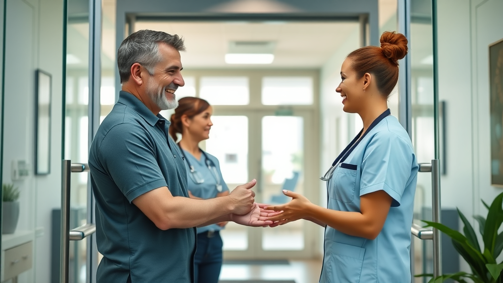 First-time chiropractic patient welcomed at bright clinic entrance for initial consultation.