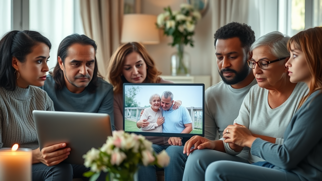 thoughtful diverse family gathered around a laptop for a virtual funeral service, memorial photos and floral arrangements in the background, what is a virtual service