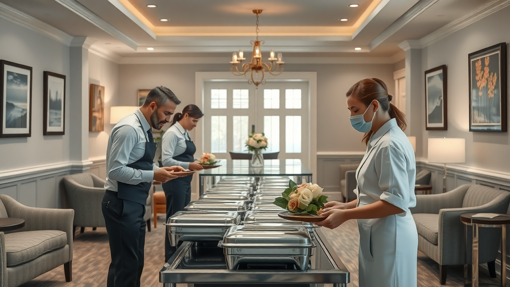 organized funeral home, staff preparing for funeral repast reception, buffet, floral centerpieces