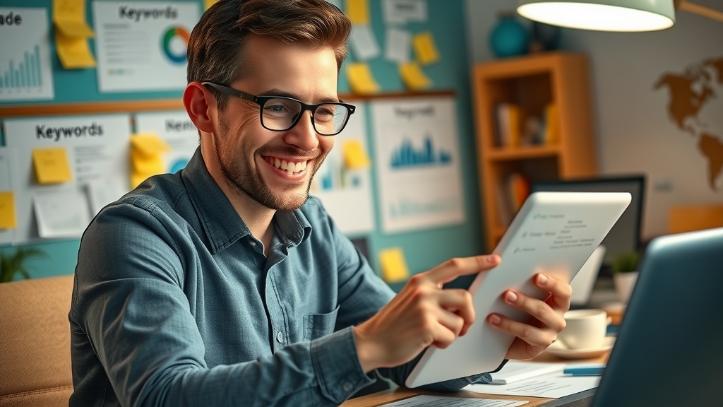 Marketer conducting keyword research for business blogging, analyzing SEO graphs on a tablet.