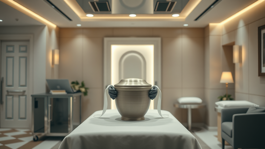 Technician handling urn and cremation equipment in a modern funeral home