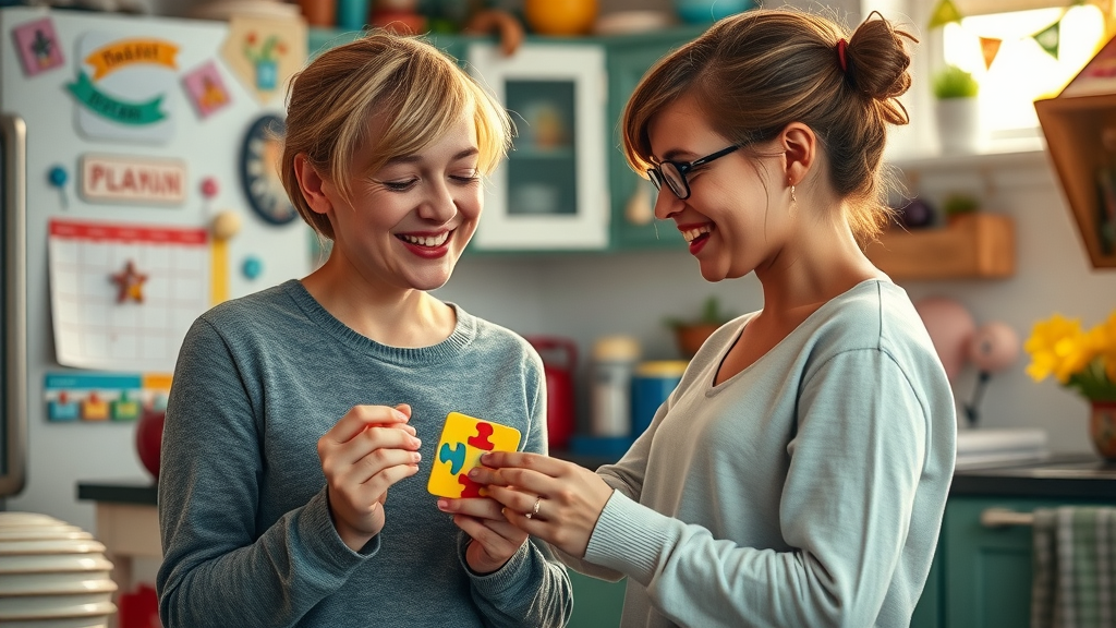 Parent and child with autism discussing a daily plan using a color-coded magnet board in a whimsical, colorful kitchen