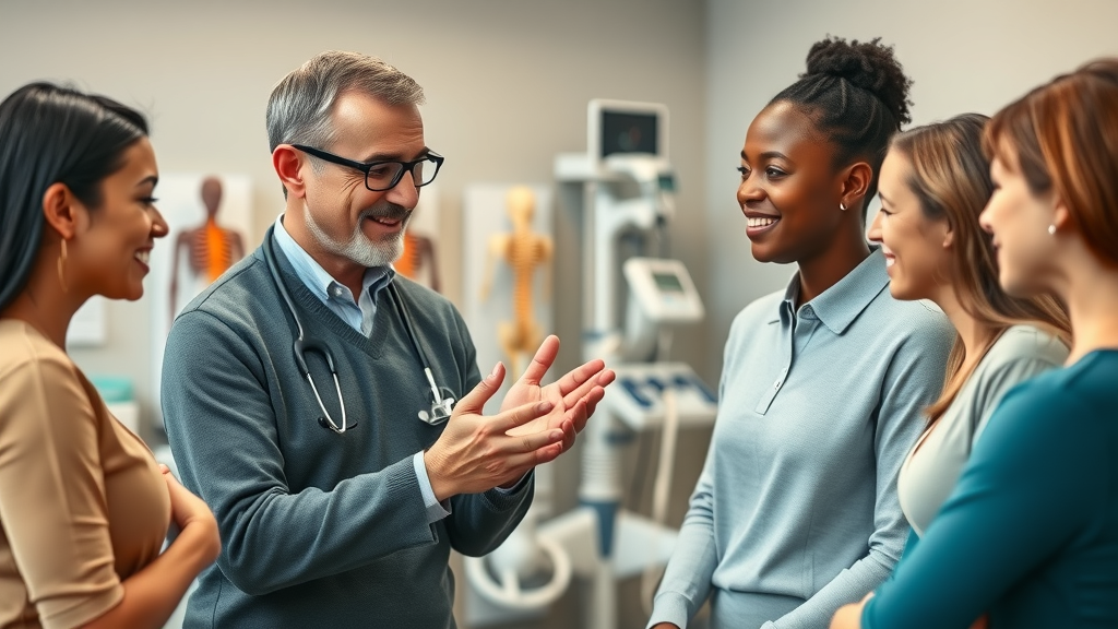 chiropractor gently explaining spinal health to diverse patient group in calm clinic setting, with spinal models and diagnostic tools.