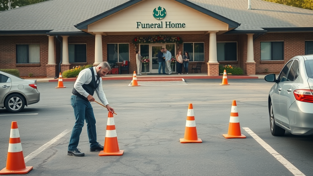 Funeral home staff preparing for a drive by funeral outside the building with floral arrangements and cones marking the route