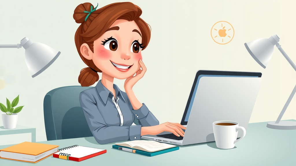 Small business owner starting a blog with popular platforms like WordPress in a colorful cartoon workspace.