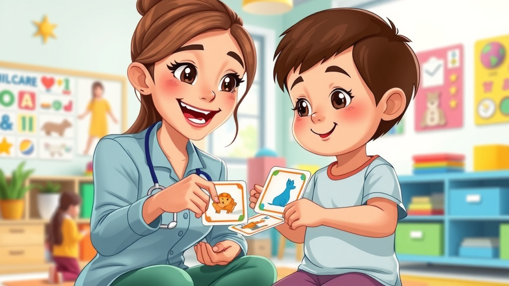 Caregiver and child with autism using visual activity cards on a magnetic board in a colorful playroom