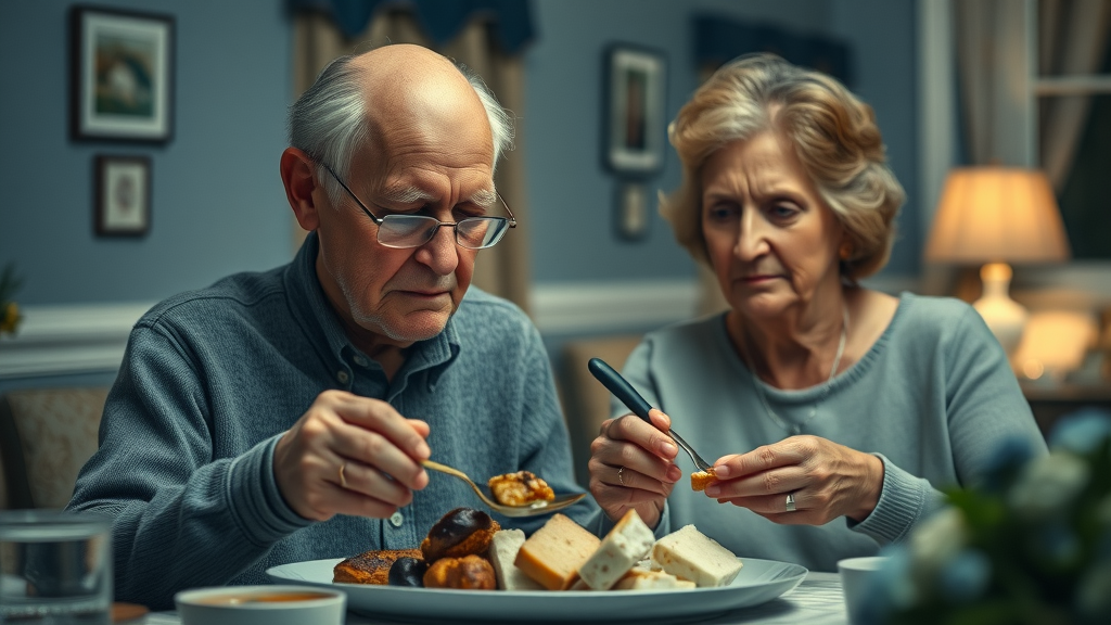elderly couple sharing food at a memorial meal, emotional funeral dinner, private home setting