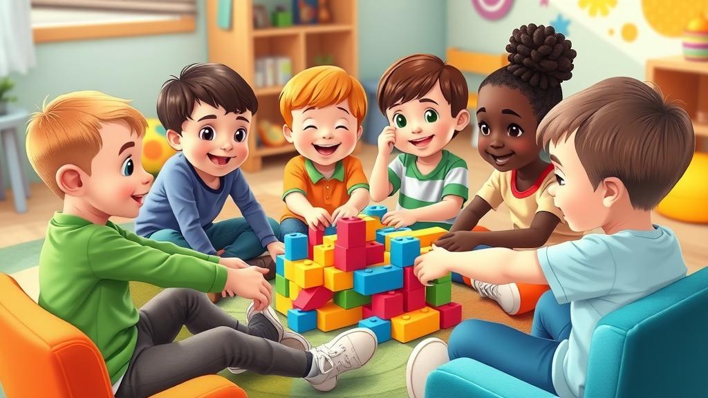 Children building blocks together in a colorful therapy room, enhancing social skills and peer relationships