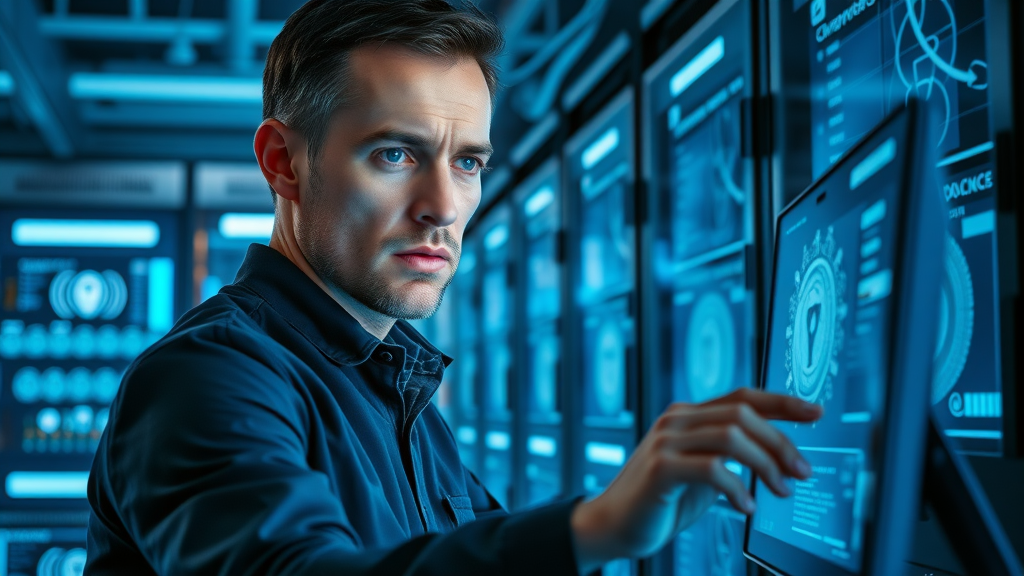 professional IT security specialist reviewing encryption for virtual services, funeral security policy