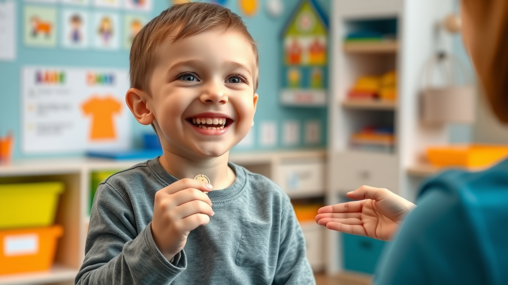 boy receives positive reinforcement through token reward, aba therapy, applied behavior analysis, visual schedule