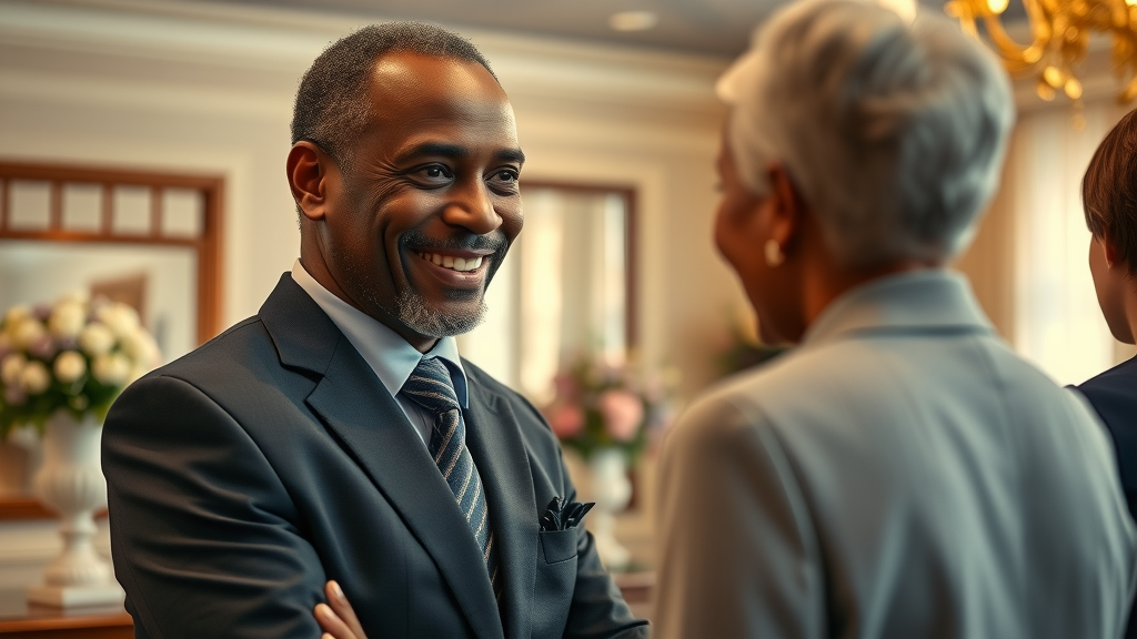 Terrell Broady comforting family in elegant funeral home, kindness and excellence