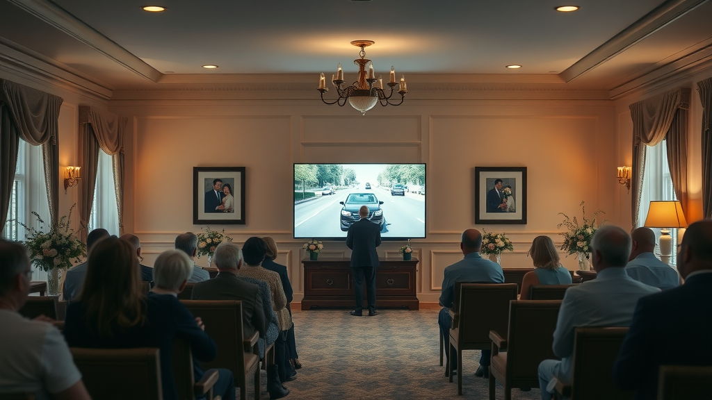 Funeral home interior with spaced seating, mourners watching drive by funeral livestream on large screens