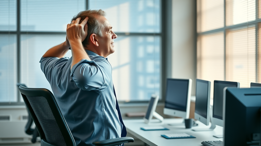 Back pain relief after chiropractic treatment for office worker at modern desk.