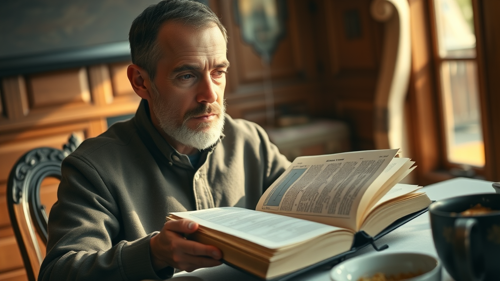 serene bible with meal after funeral, mourner reading scripture, warm memorial meal setting