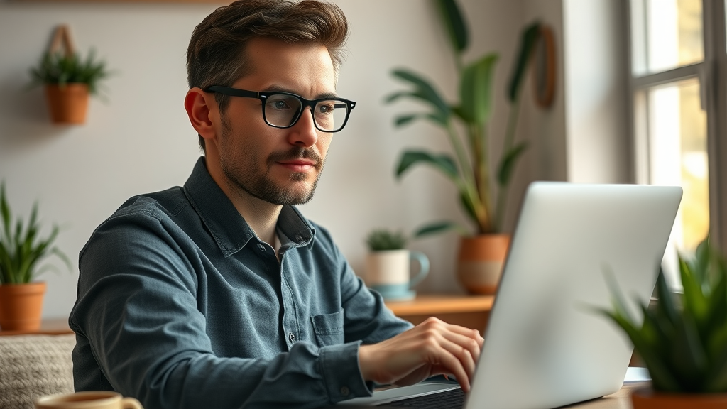 Entrepreneur tracking blogging for business analytics showing revenue growth in a cozy home office.