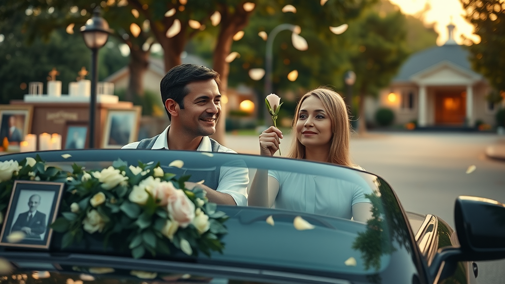 Contemplative family in a decorated car holding a farewell flower passing by a memorial outside funeral home during a drive by funeral