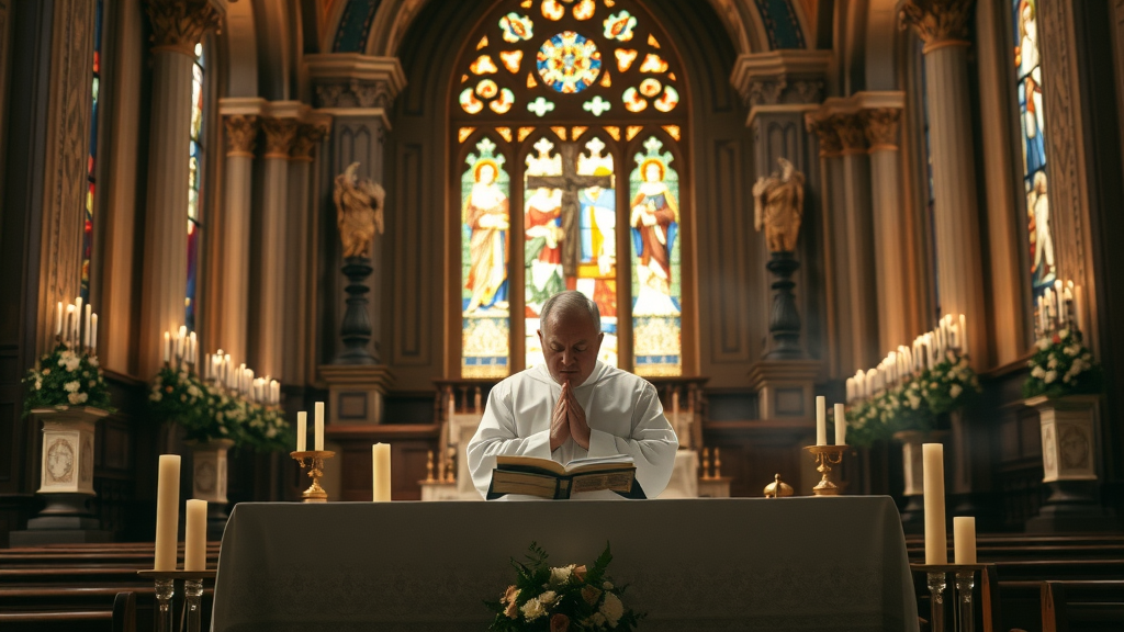 Priest leading Order of Christian Funerals in church altar with candles