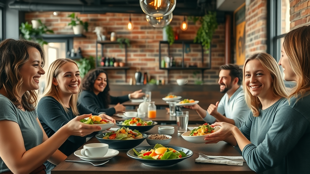 Cozy vegan restaurant interior with friends enjoying brunch—modern vegan dining and friendly atmosphere in East Nashville.