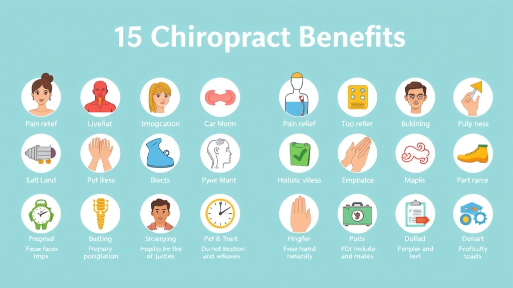 infographic of 15 chiropractor benefits, symbols for pain relief, posture, wellness