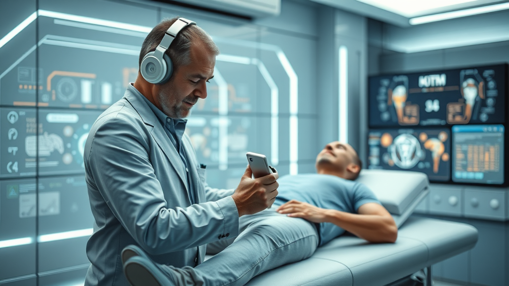 Futuristic chiropractor using computer-assisted adjustment tool, exemplifying recent innovations in chiropractic techniques