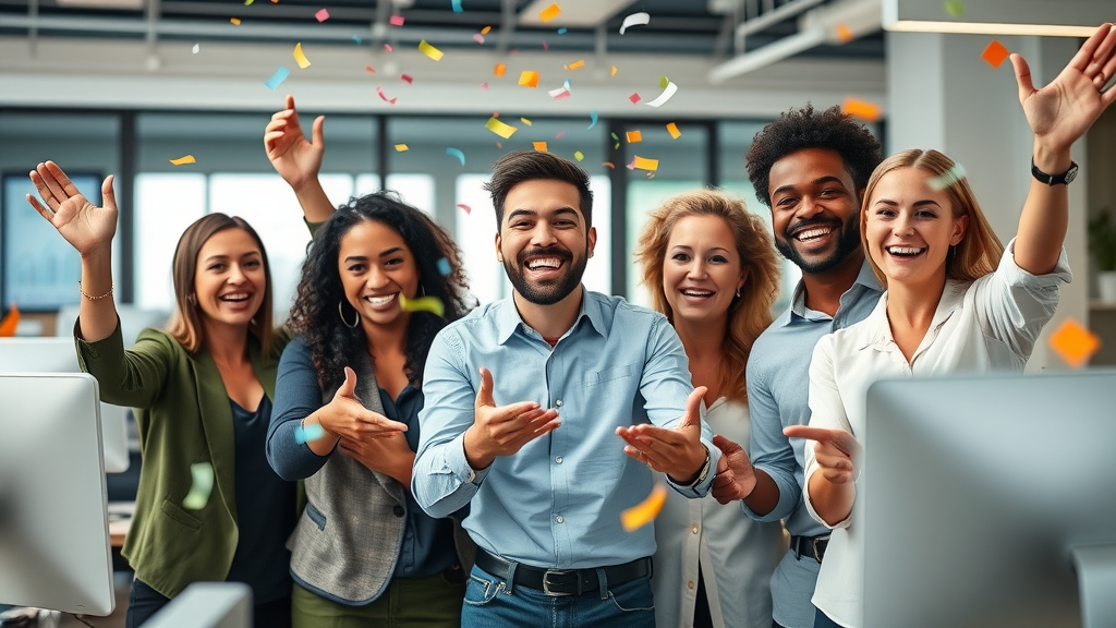 Diverse entrepreneurs celebrating blogging for business success with visible growth reports and confetti.