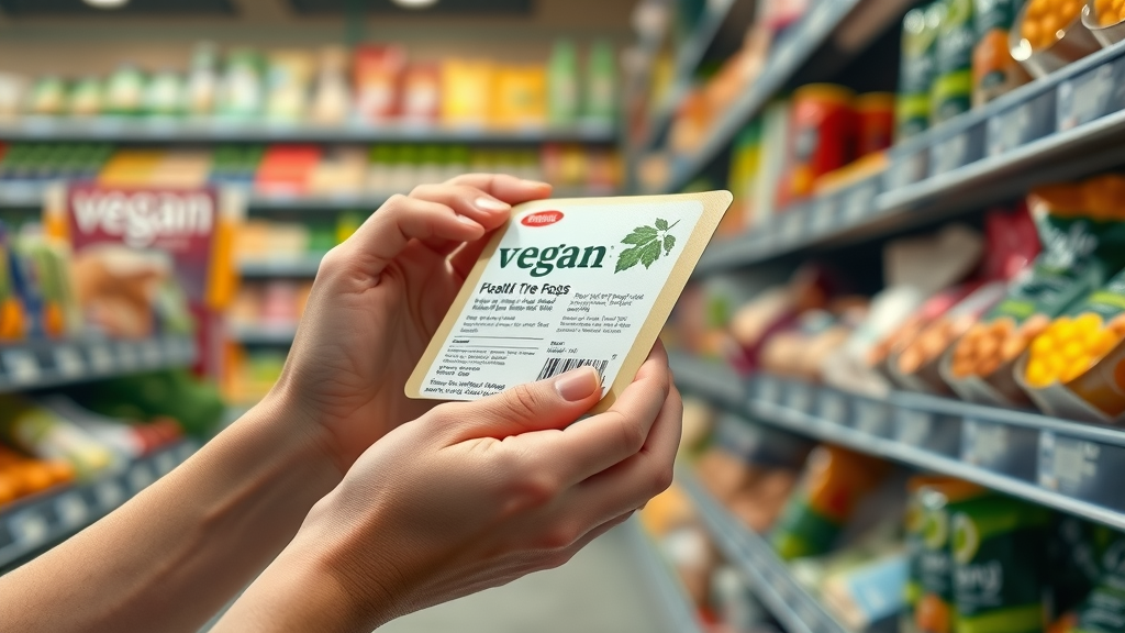 hands holding a product with a clear vegan label in a grocery store aisle