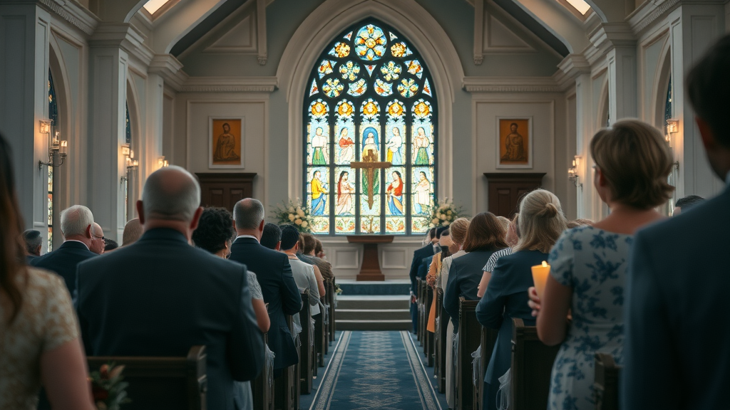 Attendees during a memorial ceremony in an elegant funeral chapel