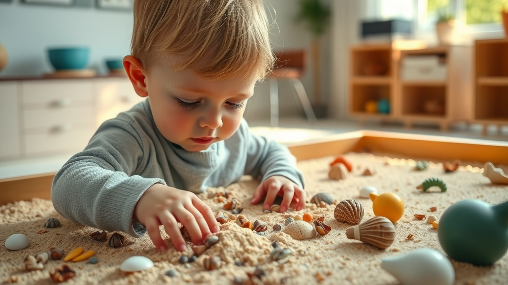 Curious child explores sensory play table in play therapy, demonstrating types of play and unlocking potential