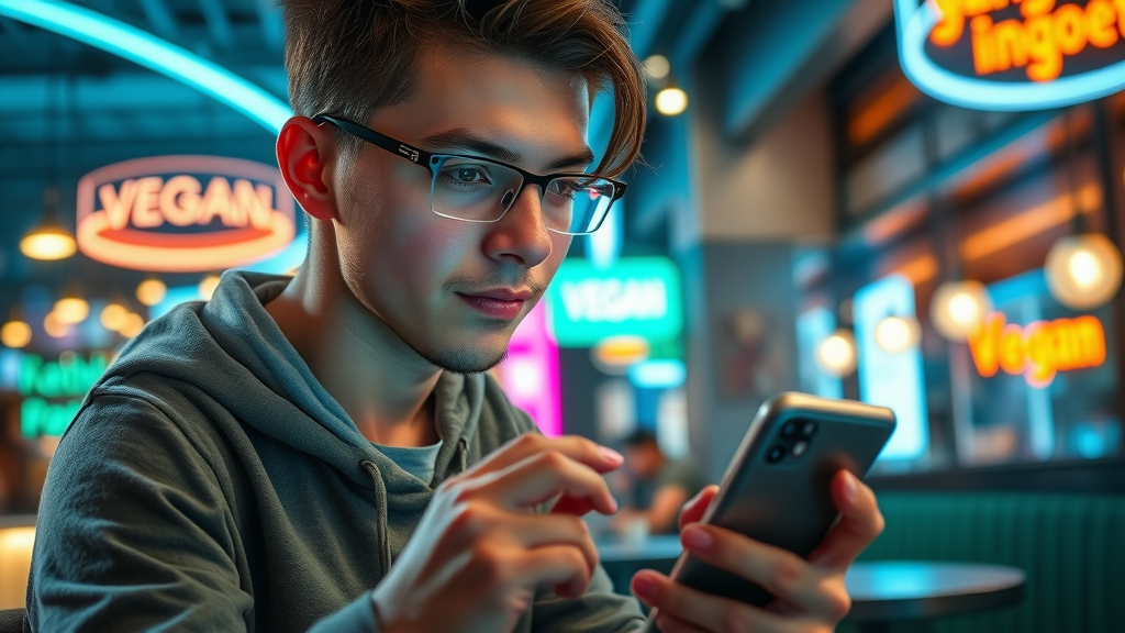 Tech-savvy diner browsing vegan restaurant reviews on smartphone—finding the best vegan restaurant in Nashville using location-based apps.