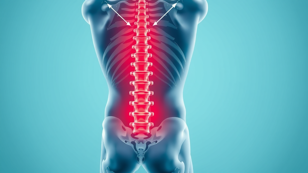 anatomical diagram human spine, red pain areas lower back, arrows show tension zones, for understanding causes of back pain relief