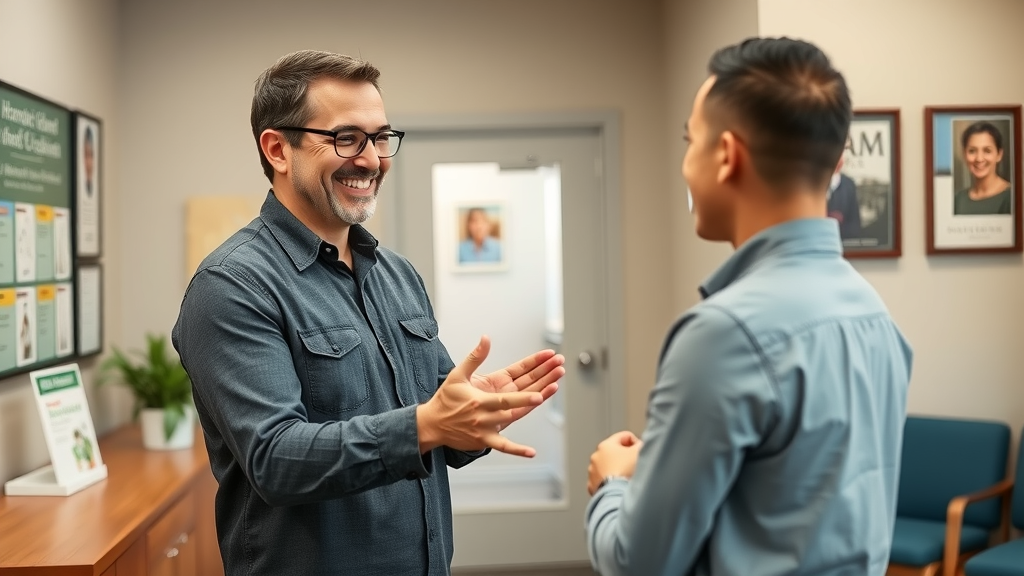 friendly chiropractor welcoming first-time patient in inviting clinic reception area.