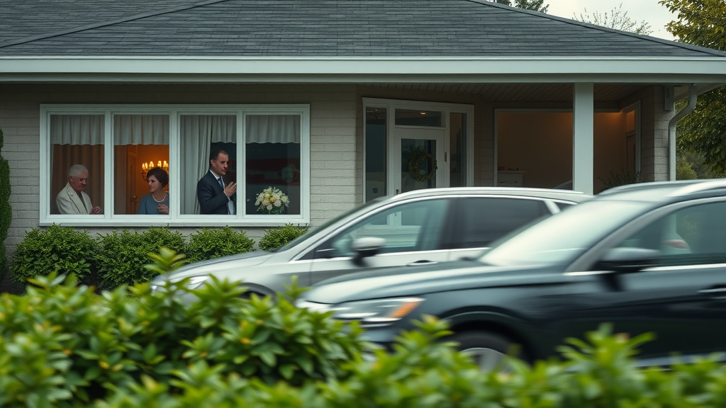 Modern funeral home exterior with cars passing slowly and mourners looking out windows during a drive by funeral