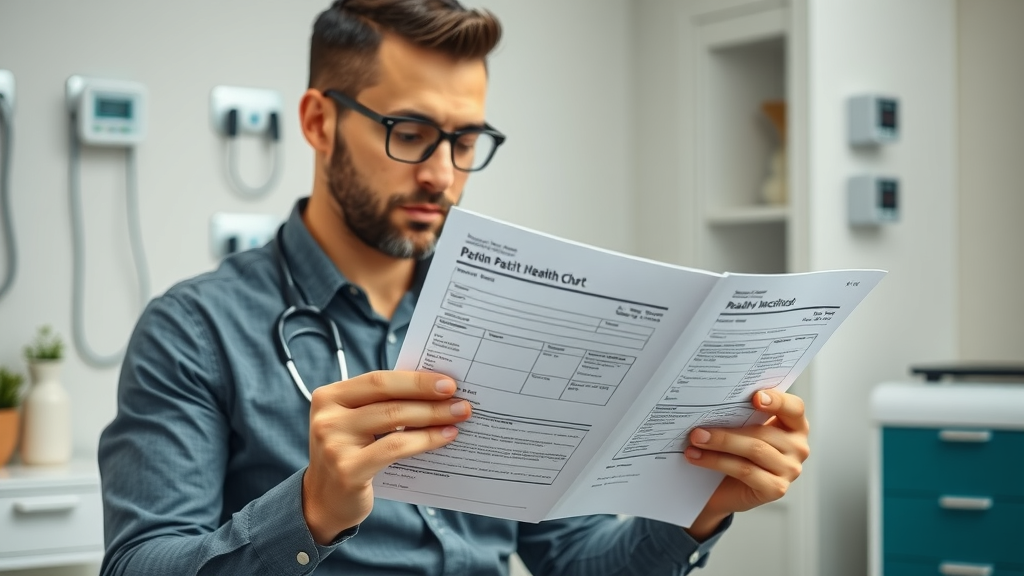 thoughtful chiropractor reviewing patient health chart for contraindications in consulting room