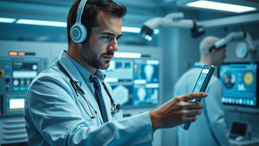 chiropractor using advanced diagnostic technology with digital screens in futuristic clinic.