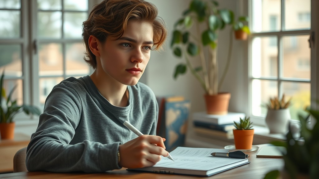 young adult writing personal motivations for going vegan in a cozy study