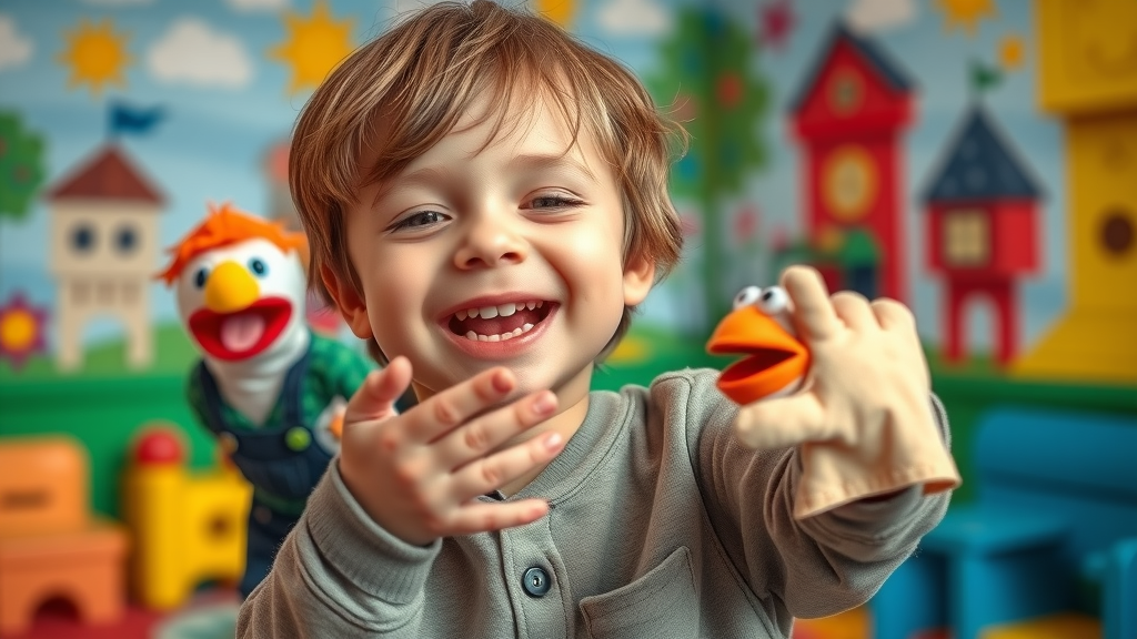 Cheerful child expressing emotions through puppet play, unlocking emotional regulation in play therapy