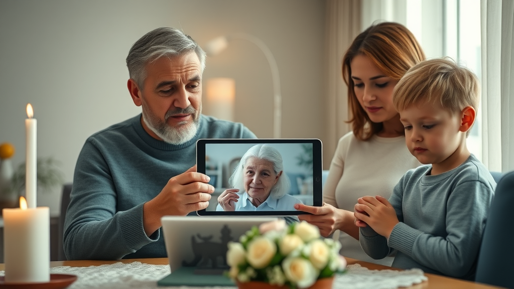 respectful adult children join an online funeral via tablet, soft lighting, what is a virtual service