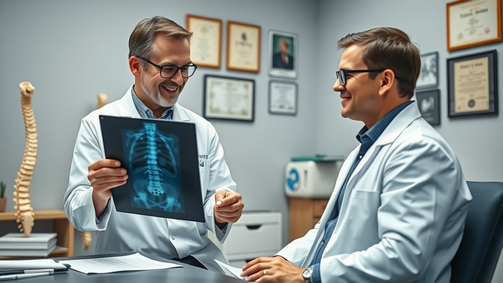 Chiropractic care provider explaining spine x-ray results to patient in a clinic office.