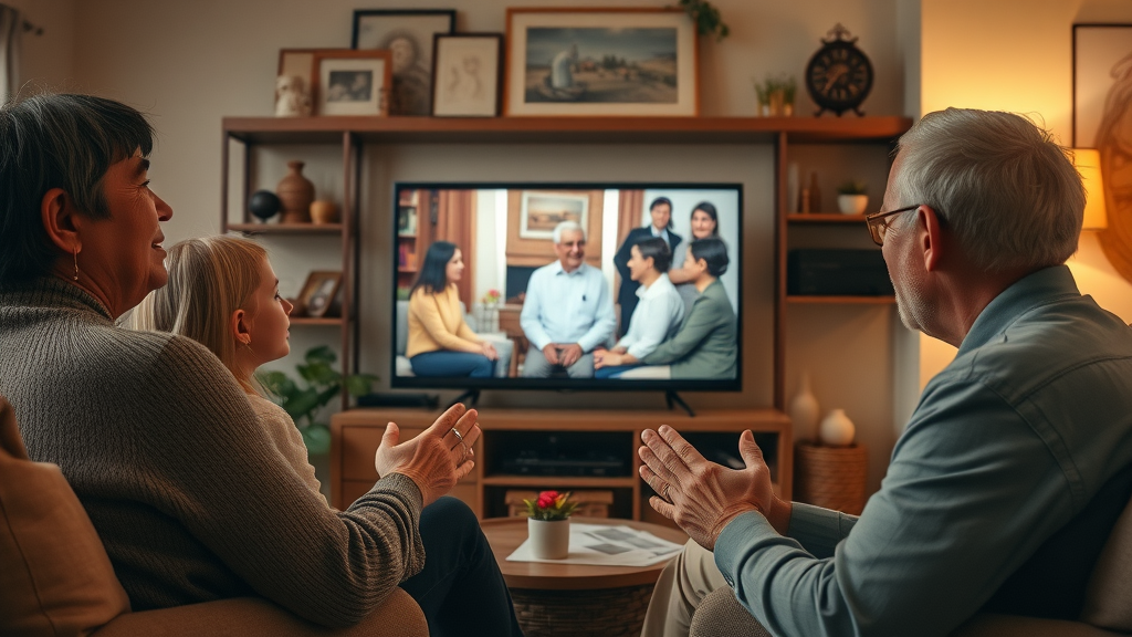 relieved family watching a live-streamed memorial in cozy living room, guests participating via screen, virtual services