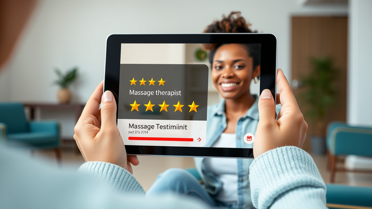 Tablet displaying 5-star review for a massage therapist, showing the impact of testimonials in how to get more massage clients.