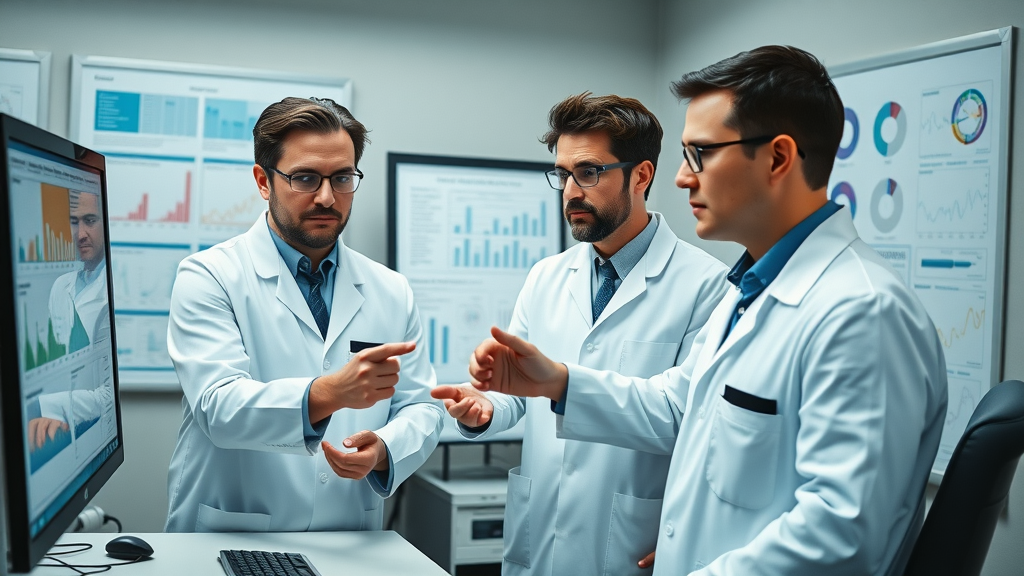 researchers analyzing data and clinical outcomes of chiropractic care in professional research setting