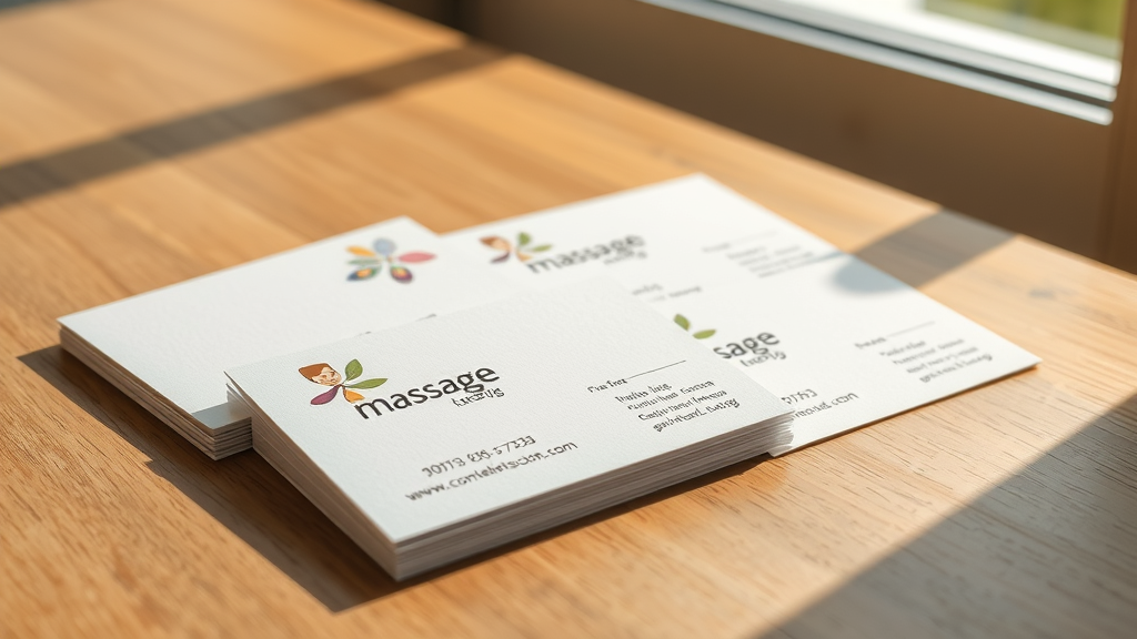 Elegant massage business cards displayed on natural wood, important for massage marketing and getting more clients.