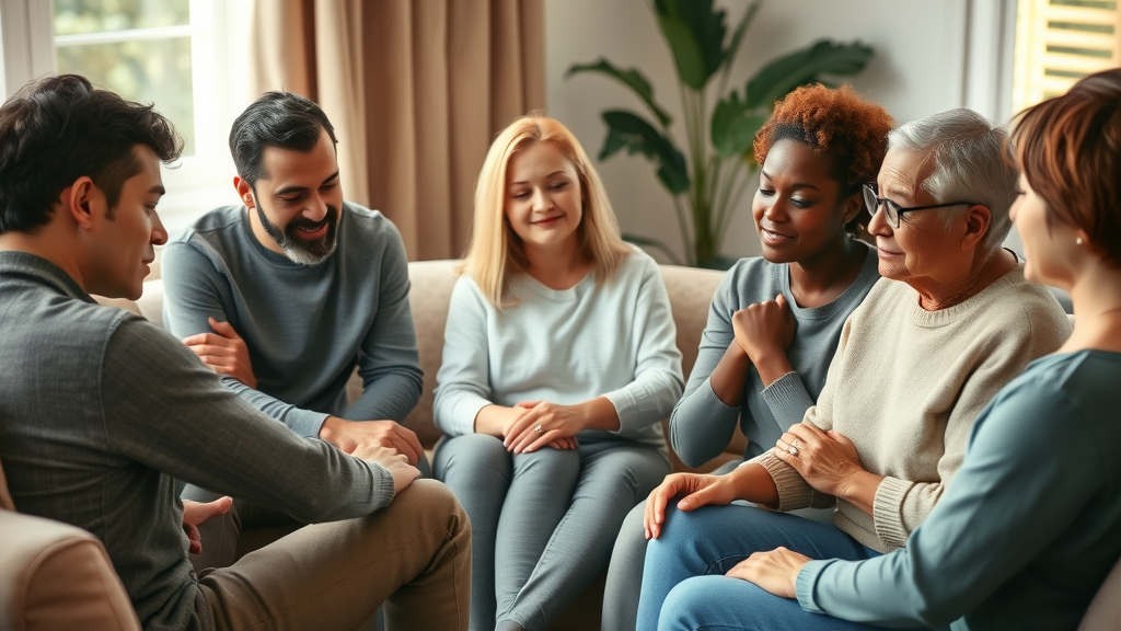 Empathetic diverse group grief support circle with comforting gestures, how can someone find grief counselling