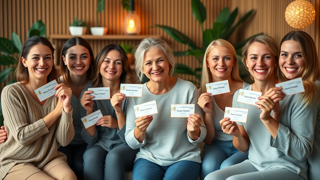 Group of massage clients celebrating with reward cards, illustrating client retention strategies for more massage clients.